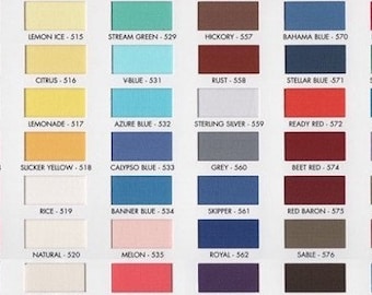 May include: Color chart with a variety of fabric swatches. Each swatch is a different color and has a corresponding name and number. Colors include white, pink, yellow, blue, green, red, and more.