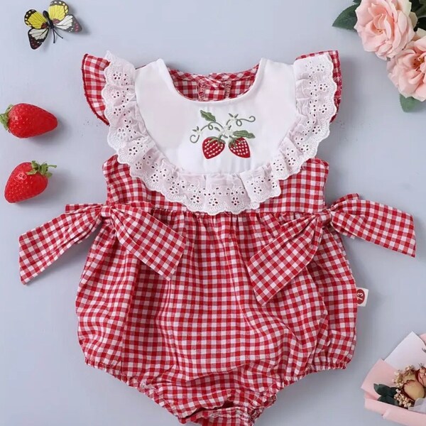 Girls Red White Check Seersucker  Strawberry Embroidered White Collar Bubble Romper SZ: 3-6mo,6-9mo,9-12mo and 1-2yrs