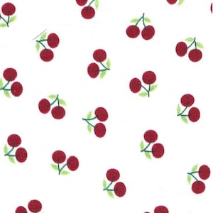 May include: White fabric with a repeating pattern of red cherries. Each cherry cluster has two or three cherries with green leaves and stems. The cherries are a deep red color.
