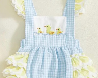 Infant Baby Girls Spring Summer Plaid Romper Cute Duck Embroidery Sleeveless Ruffle Jumpsuit Cute Leisure Clothes Ruffles in Back 12-18mo