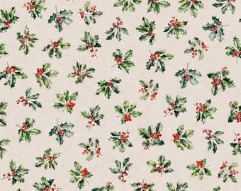 May include: A repeating pattern of watercolor holly sprigs with green leaves and red berries on a cream background. The design features multiple holly clusters scattered across the surface, creating a festive holiday theme.