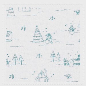 White with Green Toile - Winter and Christmas Scenes, Trees, Snow, Snowmen, Stockings, Animals, Wreaths. 60” BTY. Fabric Finders Beautiful