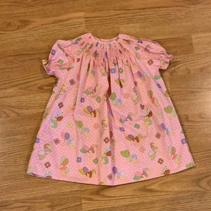 Ready to Smock Bishop Soft Pink Cotton , Multi colored flowers, and Sun Bonnet Babies Sz: 3 - 4 yrs.            StitchItWithLove