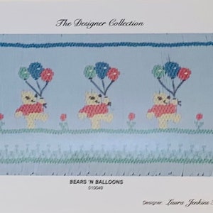 May include: A light blue fabric panel featuring three embroidered teddy bears holding balloons. The bears wear red shirts and are surrounded by flowers and grass. The text "BEARS 'N BALLOONS" is at the bottom.