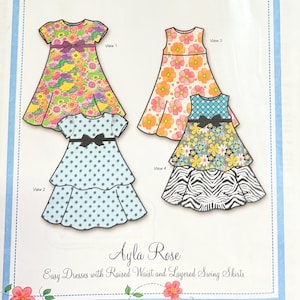 May include: A sewing pattern for easy dresses with raised waists and layered swing skirts. The pattern includes four dress designs with floral, polka dot, and zebra print skirts. The pattern is for sizes 2, 3, 4, 5, 6, 7, and 8 years. The brand is Bonnie Blue Designs.