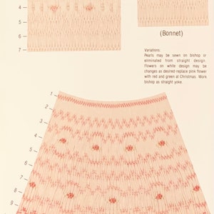 May include: A vintage sewing pattern titled "Kimberly" featuring detailed illustrations of smocked fabric designs. The pattern includes instructions for a bonnet and a skirt, with variations for embellishments. The color palette is soft, with pink and white tones.