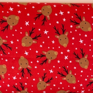 Reindeer Faces on Red white dots 45&quot; BTY Cute fabric boys or girls                  Unique Vendor