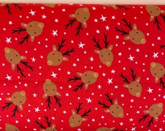 Reindeer Faces on Red white dots 45" BTY Cute fabric boys or girls                  Unique Vendor