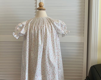 Ready to Smock Bishop Off White with dainty peachy pink floral. Beautiful Soft Cotton. Wear for play, church, party, dress up.  45”