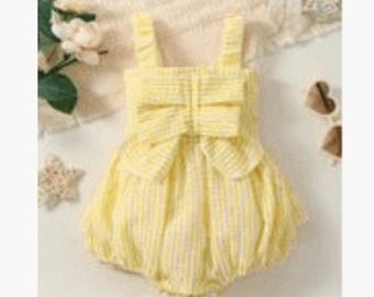 Yellow White Stripe Seersucker Infant Bubble Romper Cute Chic Straps sz 12-18 mo