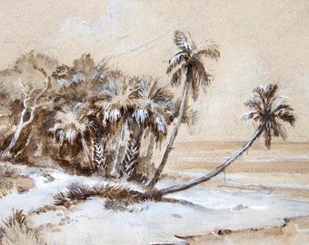 Florida Watercolor | Palm Trees | Tropical Beach | 8" x 14"| Sepia | Cayo Costa | Palmetto |  | Watercolor Painting | Keith Gunderson