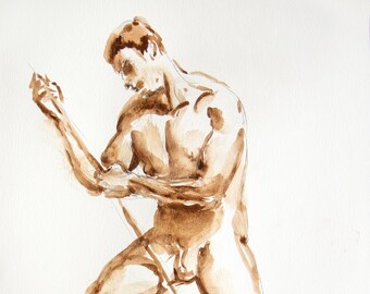 Watercolor Figure Drawing -Male Nude - Aquarelle - Watercolor - Home Decor - Original Painting by Keith Gunderson