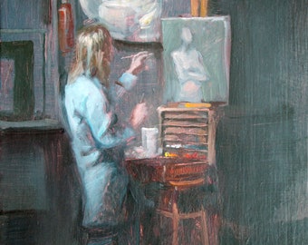 The Art Student- Original oil painting -Interior Scene-  Art Students League- 16" x 12" signed on panel