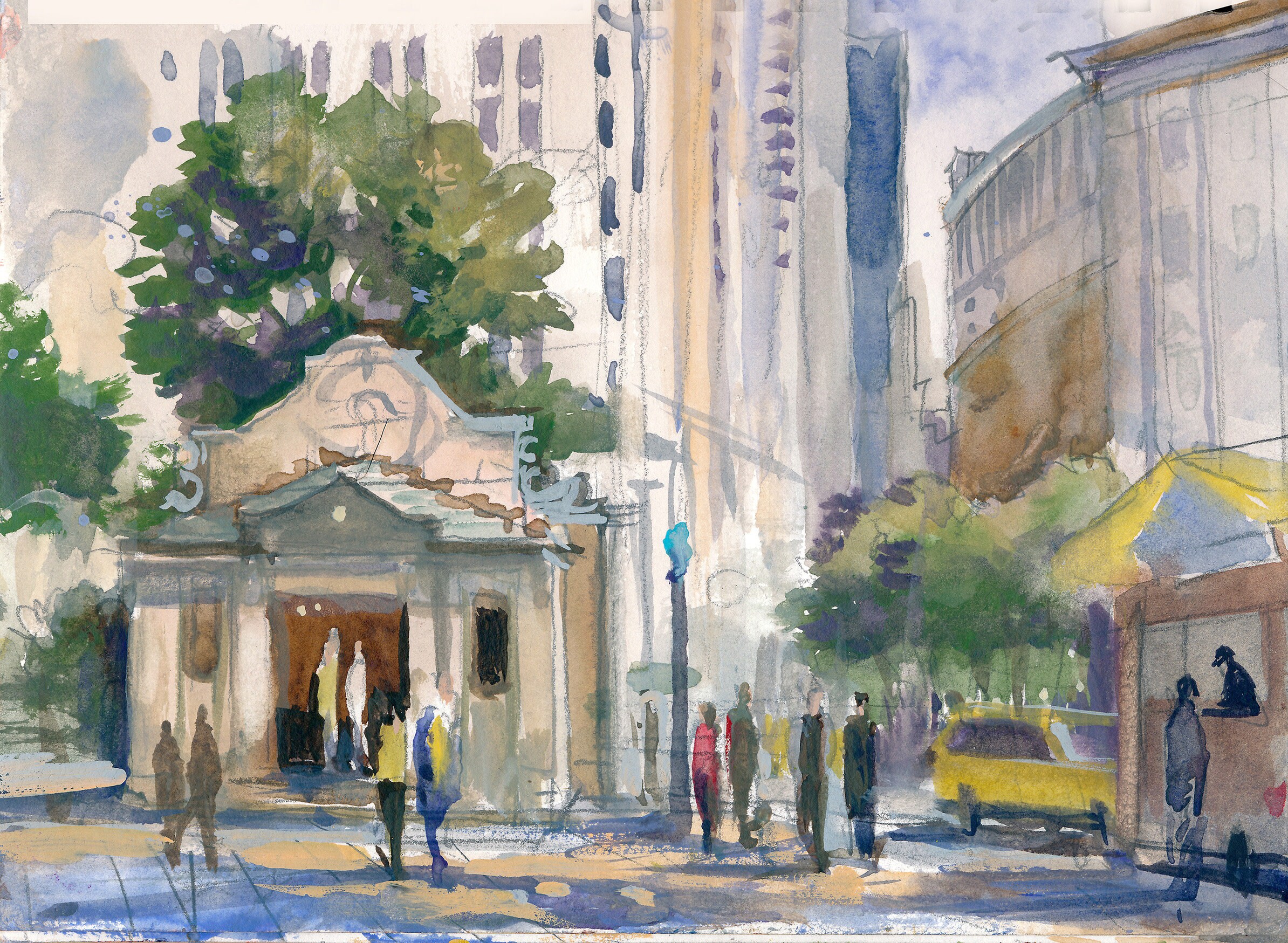 Cityscape Watercolor Painting Bowling Green NYC Plein - Etsy