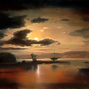 Original Öl Landschaftsgemälde - Mondschein über dem Hudson- 45 x 61 cm auf Leinwand- plein air oil luminist- Hudson River School, signiert