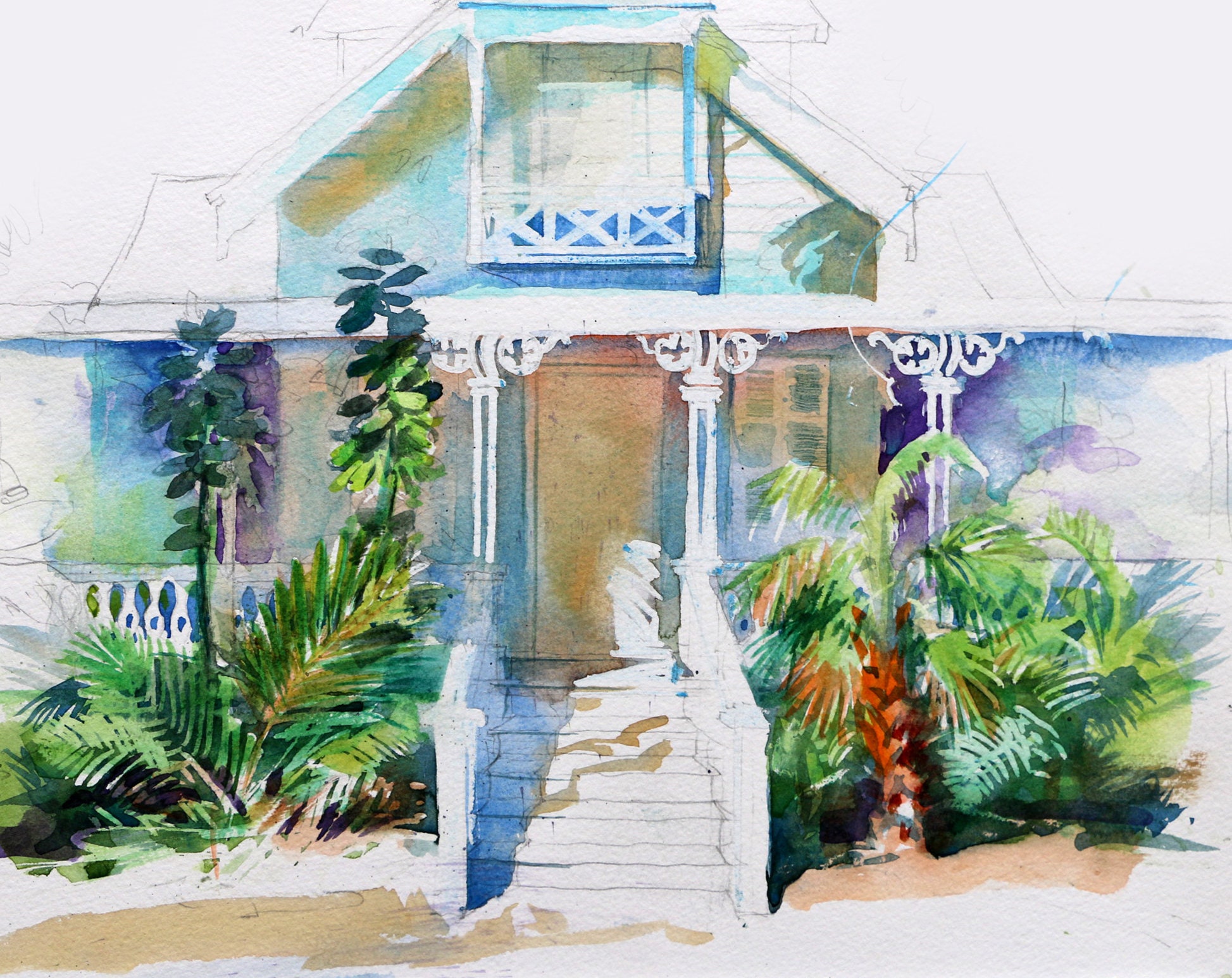 9 X 12 Florida Beach House Key West Watercolor Plein - Etsy Israel