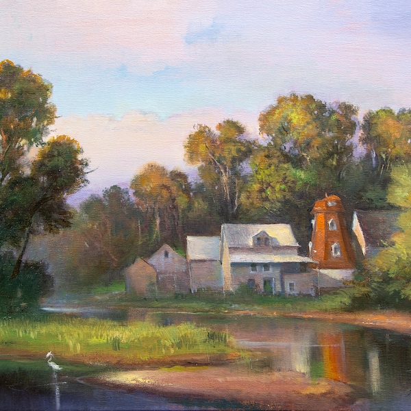 Original oil landscape painting - Old Rye New York- 16" x 20" on canvas- plein air oil luminist- The Old Windmill at Milton harbor
