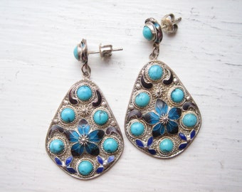 Vintage Chinese export earrings, cloisonne and turquoise, fine silver filigree, blue floral, stud dangles, enamel on silver, rare unique