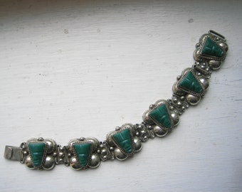 Vintage silver Mexican bracelet, Mexico silver, carved green mask bracelet, green stone, panel bracelet, Mexican jewellery