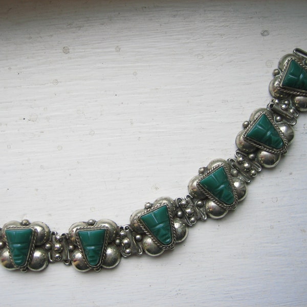 Vintage silver Mexican bracelet, Mexico silver, carved green mask bracelet, green stone, panel bracelet, Mexican jewellery