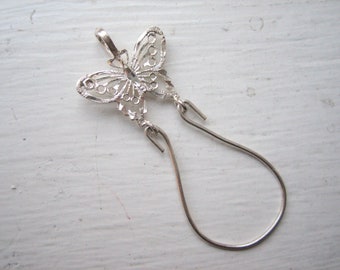 Vintage sterling silver charm holder, butterfly charm holder pendant, delicate dainty, etched silver, insect jewellery