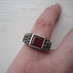 Vintage sterling silver carnelian ring, silver marcasite and carnelian ring, size 6.5 silver ring, .925 silver, square cut gemstone ring image 3