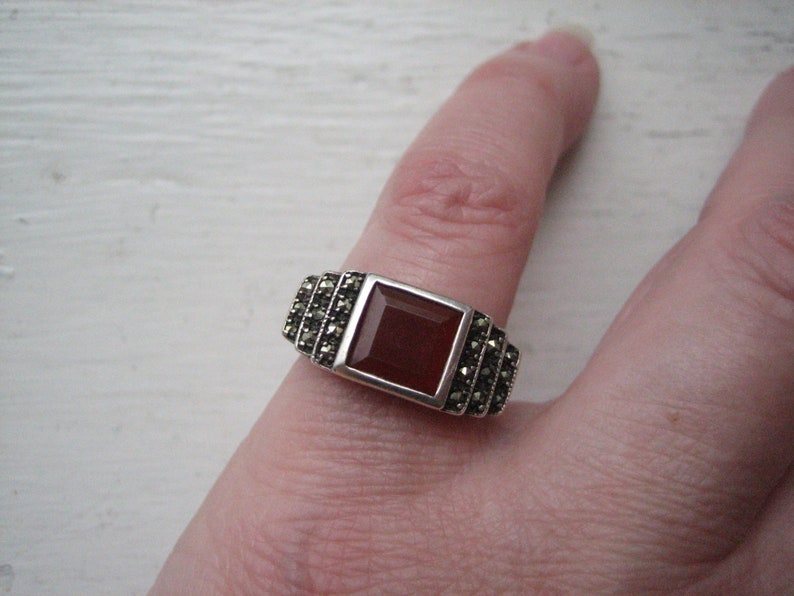 Vintage sterling silver carnelian ring, silver marcasite and carnelian ring, size 6.5 silver ring, .925 silver, square cut gemstone ring image 3