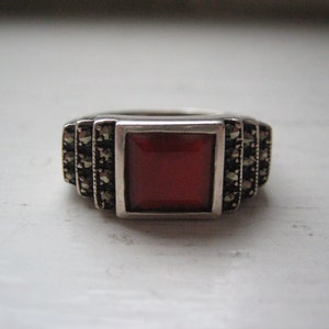 Vintage sterling silver carnelian ring, silver marcasite and carnelian ring, size 6.5 silver ring, .925 silver, square cut gemstone ring image 1