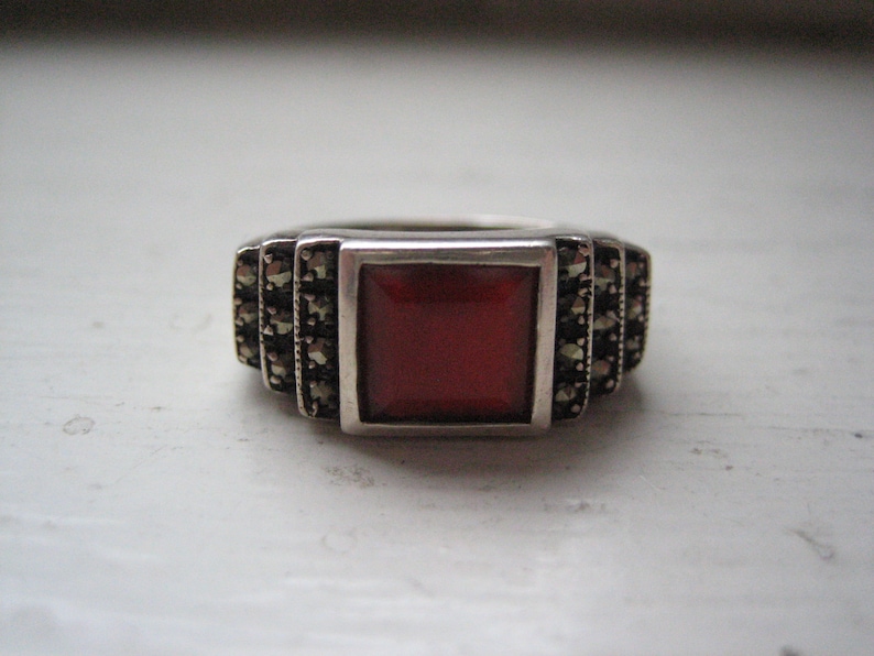 Vintage sterling silver carnelian ring, silver marcasite and carnelian ring, size 6.5 silver ring, .925 silver, square cut gemstone ring image 1