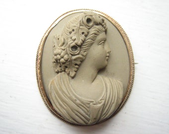 Victorian 14K gold lava cameo brooch, antique cameo, high relief cameo, large profile cameo, taupe carved lava, rare unique collectible