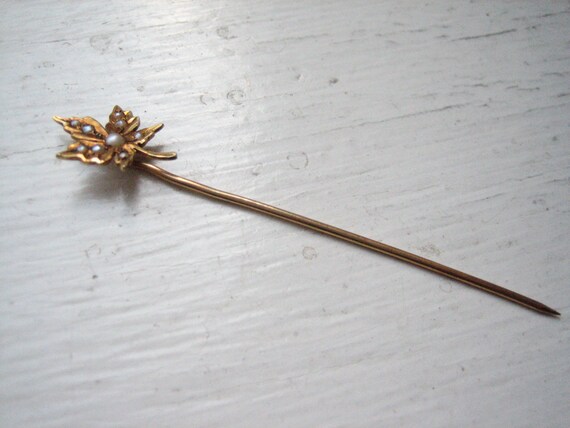 Antique 14k gold seed pearl stick pin, maple leaf… - image 3