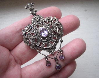 Vintage sterling silver marcasite and amethyst brooch pendant, large ornate pendant, large ornate brooch, interchangeable pin and pendant