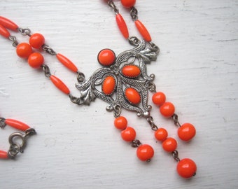 Vintage orange glass bead necklace, Art Deco style bib, linked bead chain, silver tone and orange, fringe necklace, vintage jewellery