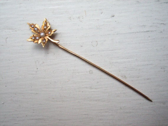 Antique 14k gold seed pearl stick pin, maple leaf… - image 2