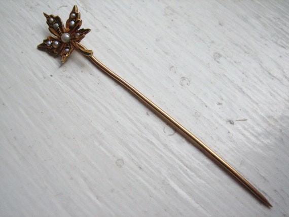 Antique 14k gold seed pearl stick pin, maple leaf… - image 6