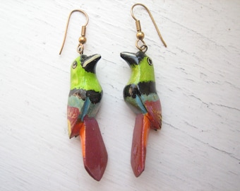 Vintage colourful bird earrings, hand painted wood, retro jewellery, exotic bird dangles, Indonesian animal, 1980s chic