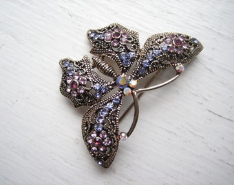 Vintage butterfly brooch, rhinestone butterfly pin, silver tone insect, purple and pink, faceted glass, insect jewellery, bug jewellery