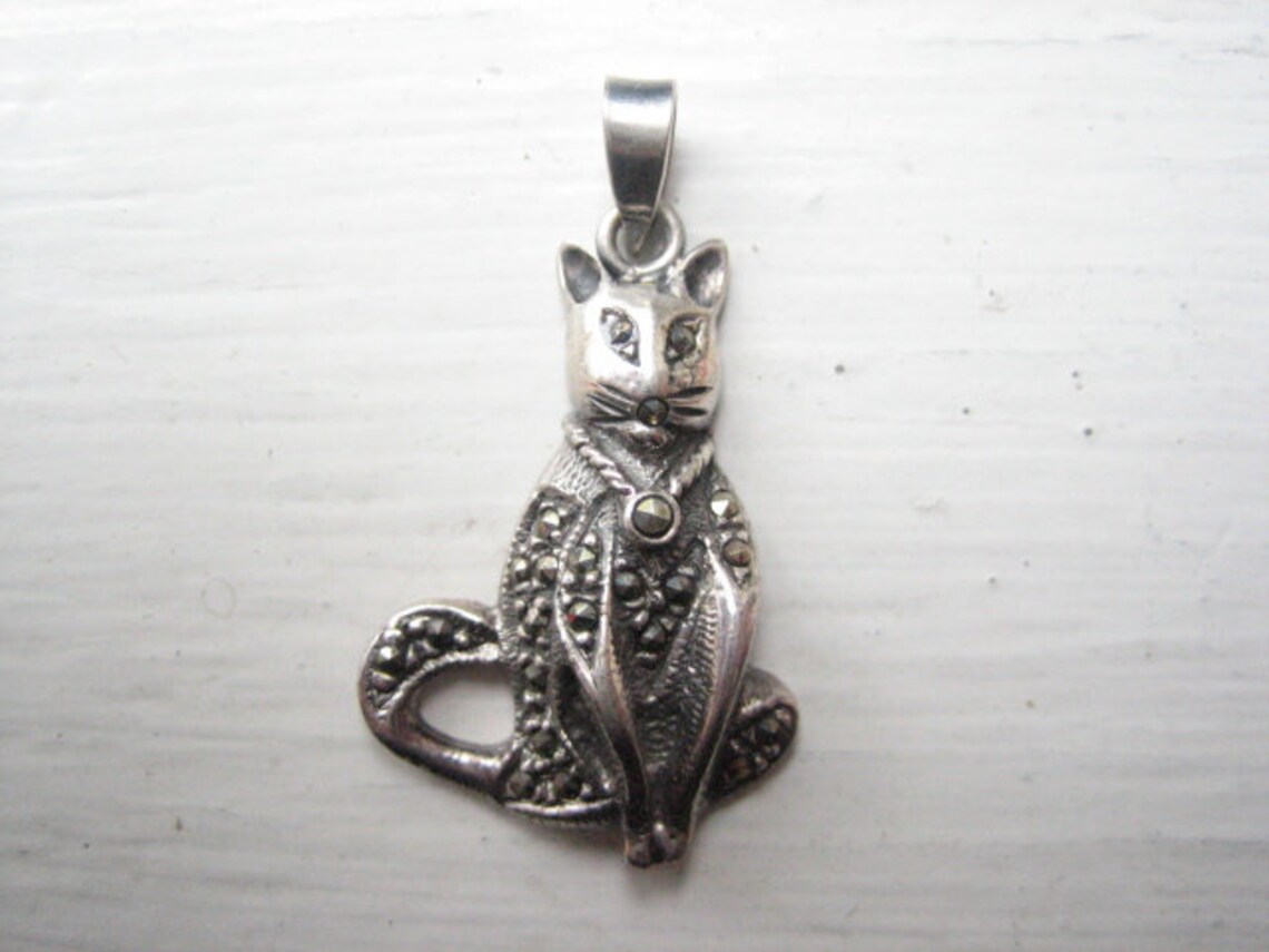 Vintage Sterling Silver Cat Pendant Marcasite Cat Small Etsy