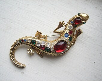 Vintage lizard brooch, large rhinestone lizard pin, colourful glass brooch, gold tone lizard, gecko brooch, costume jewellery, statement