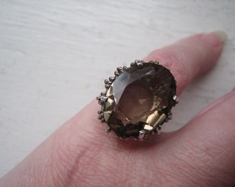 Vintage large stone smoky quartz ring, DANVIK cocktail ring, high set gemstone, size 6.25 ring, high setting statement ring, 925 quartz ring