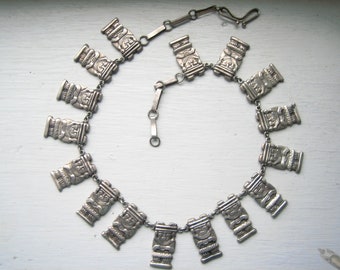 Vintage sterling silver Mexican necklace, Aztec masks, Mayan, linked panels, choker style, short tribal, statement necklace