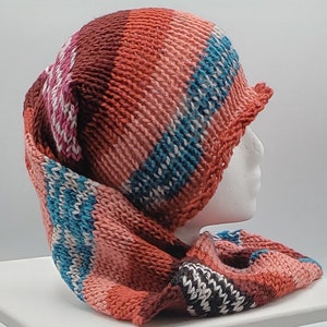 Apricot & Teal Hand Knit Stocking Beanie, Stocking Hat, Hair Cover, Ski Hat, Unisex Hat, Birthday Gift