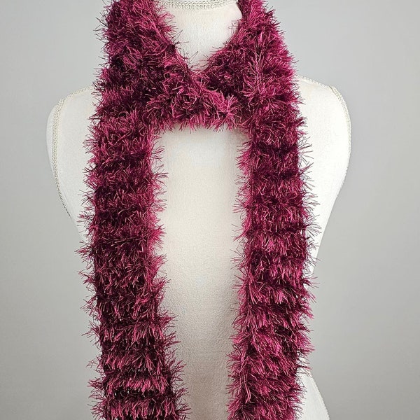 Hand Knit Extra Long Garnet Eyelash Fashion Scarf, Eyelash Boa, Holiday Gift, Everyday Accessory