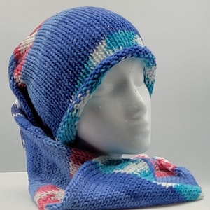 Blue, Aqua & Pink Hand Knit Stocking Beanie, Stocking Hat, Hair Cover, Ski Hat, Unisex Hat, Birthday Gift