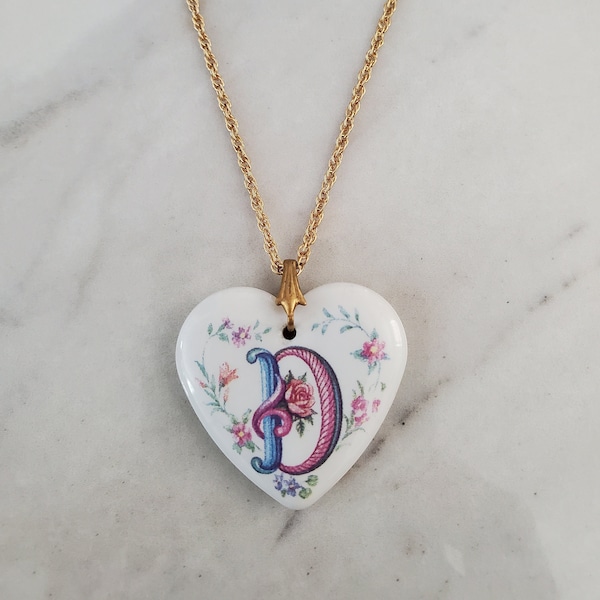 Vintage Initial Letter D Porcelain Heart Pendant Necklace 24 inch Chain