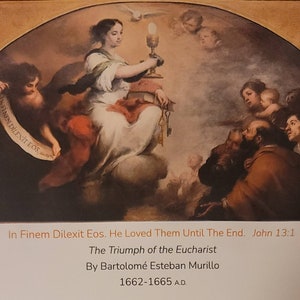 Gebedskaart voor goddelijke lof voor aanbidding en zegen.  De voorkant van deze kaart heeft een prachtig schilderij De triomf van de eucharistie