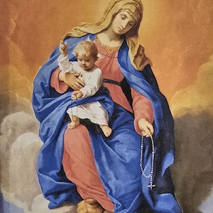 ¡NUEVO! ¡Un himno mariano, OH MARÍA de las GRACIAS! Esta es una tarjeta de meditación grande con cartulina laminada gruesa y resistente. ¡Una obra de arte hermosa y vibrante!
