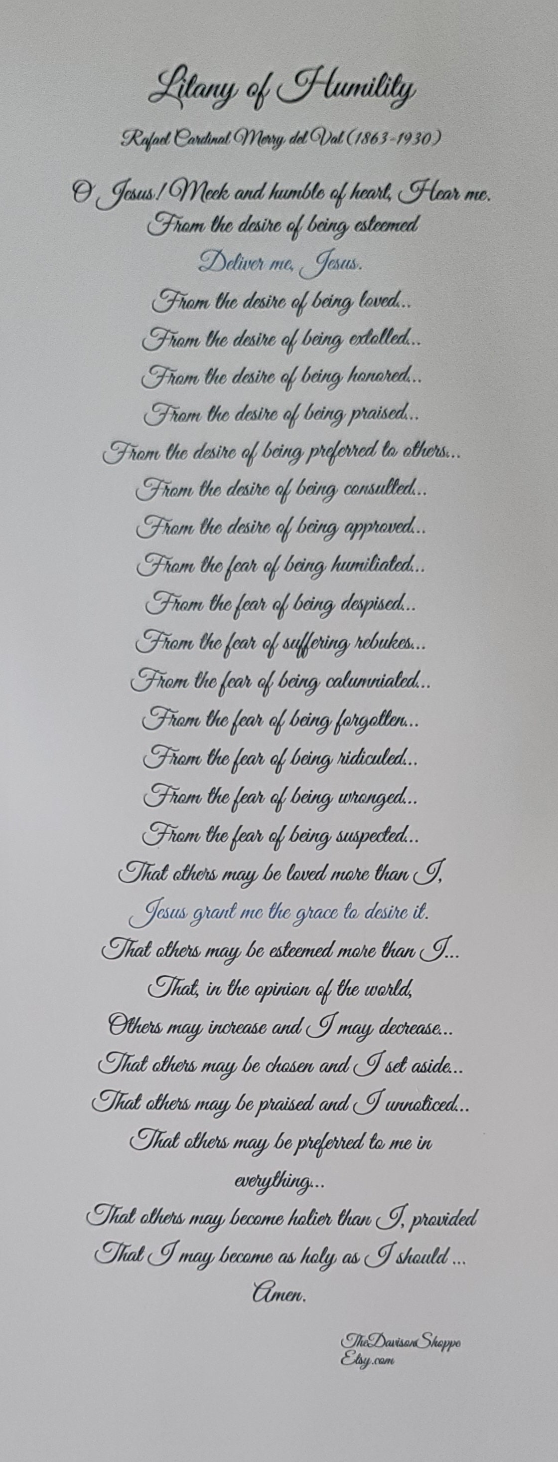 Litany of humility prayer card catholic prayer card catholic - etsy