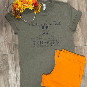 May include: A green t-shirt with a Mickey Mouse design and the text "Mickey's Farm Fresh Est. 1928 PUMPKINS -HAYRIDES CIDER APPLES- ". The t-shirt is paired with orange shorts.