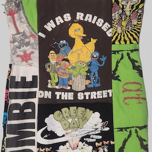 Handmade Upcycled Patchwork Graphic Tee Dress | Sesame Street, Green Day & Zombie Print | One of a Kind Festival Dress